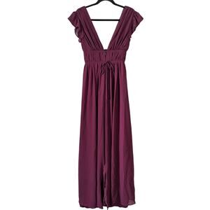 Lulu's Heavenly Hues Burgundy Plunge Neckline Sleeveless Maxi Dress XS